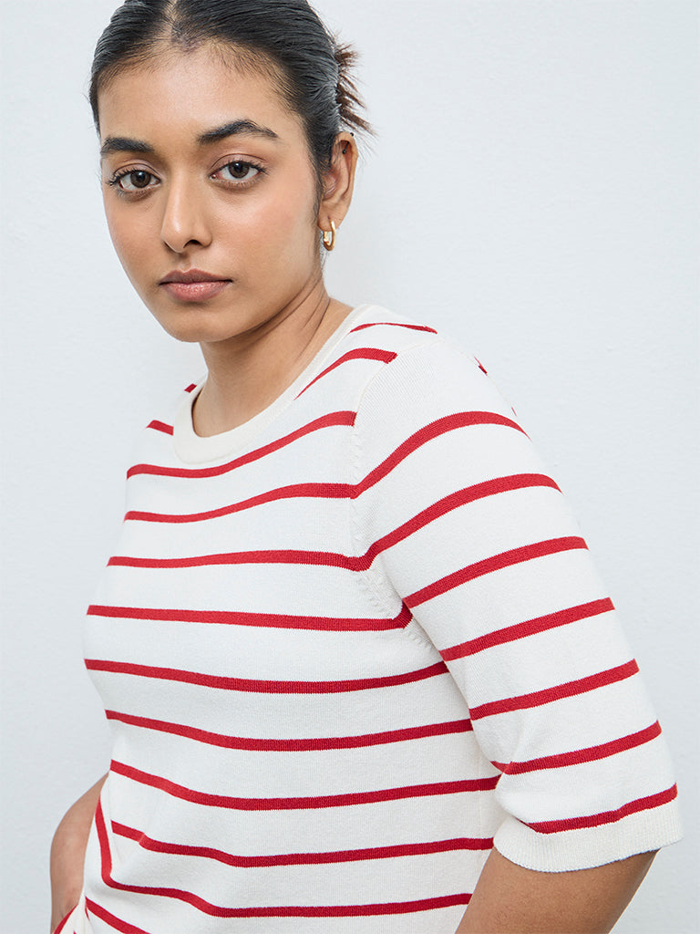 Gia Cream and Red Striped Knit-Textured Sweater