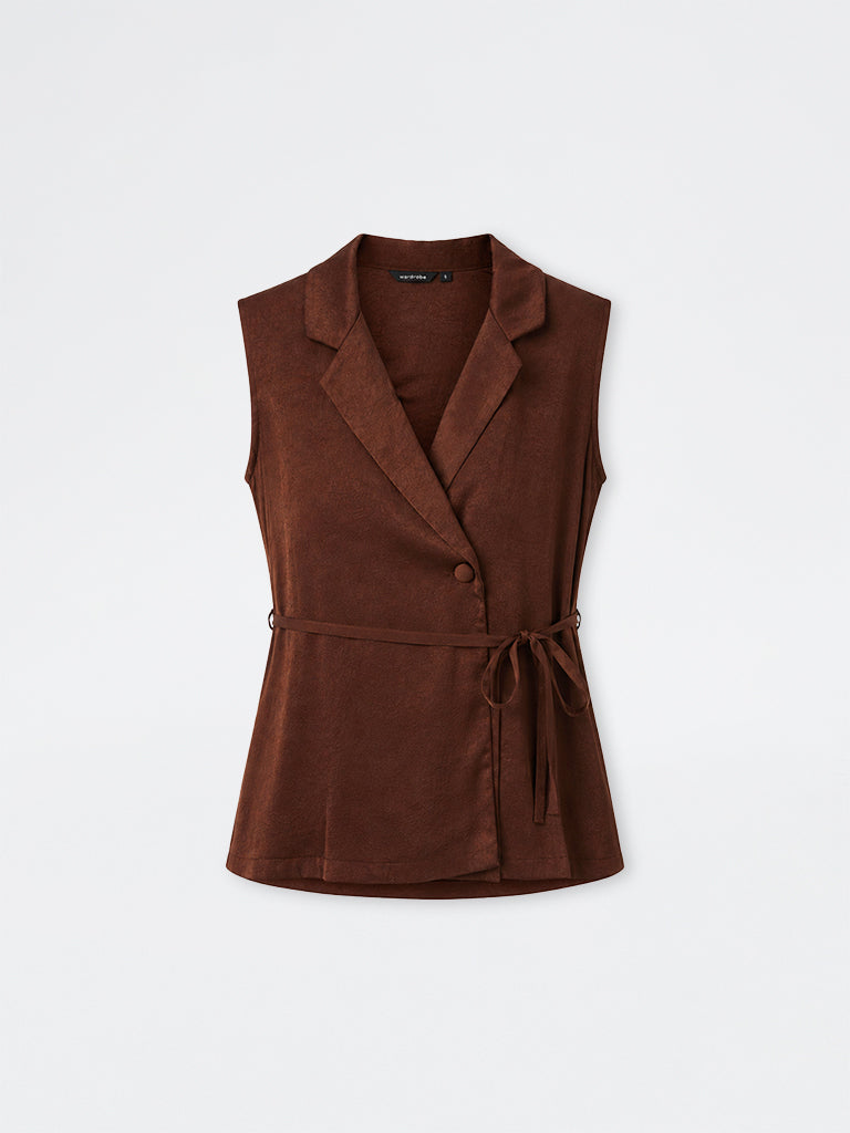 Wardrobe Brown Wrap-Style Blouse with Belt