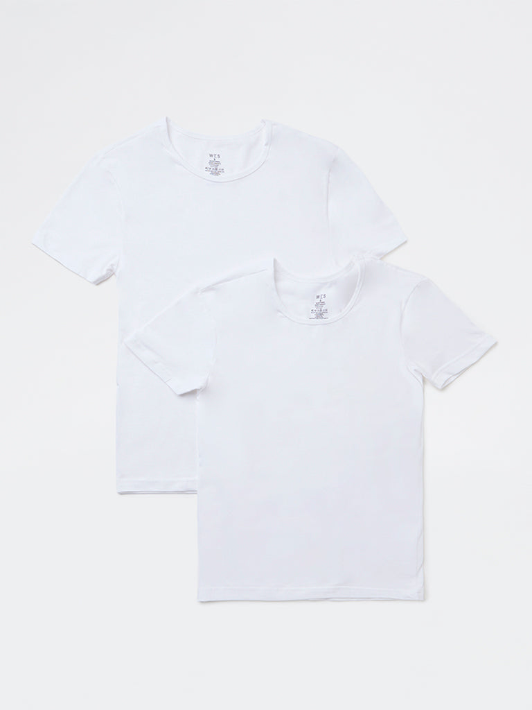 WES Lounge White Solid Cotton Vests - Pack of 2
