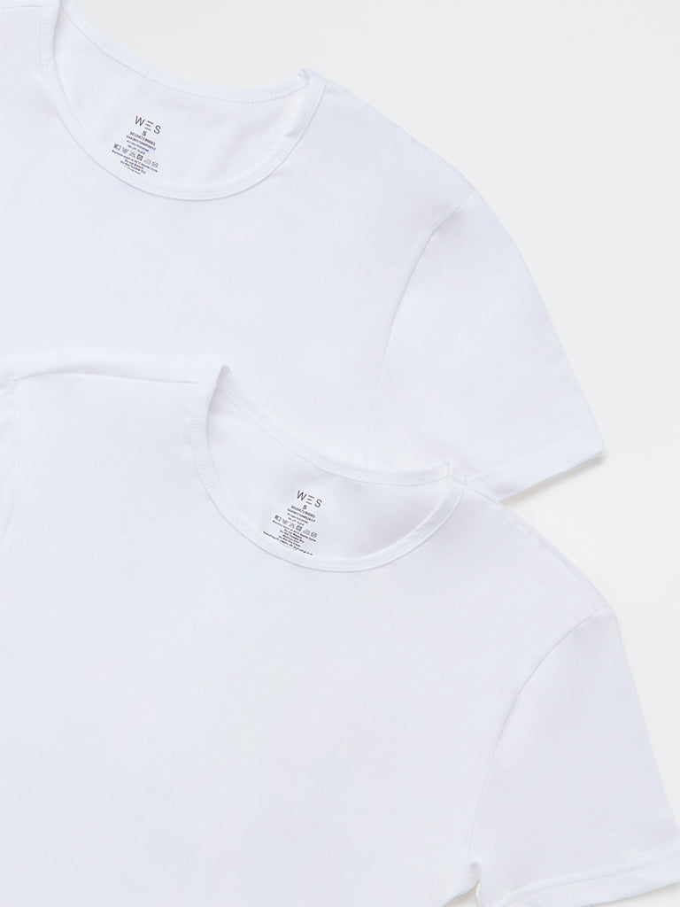 WES Lounge White Solid Cotton Vests - Pack of 2
