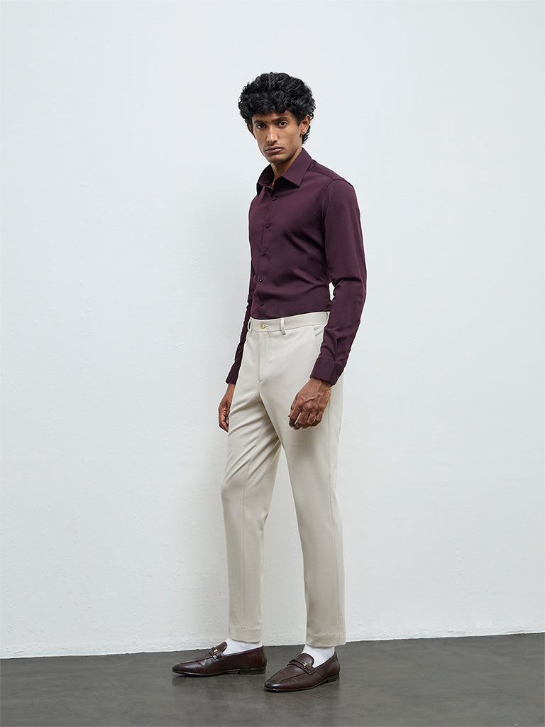 WES Formals Dark Wine Slim-Fit Cotton-Blend Shirt