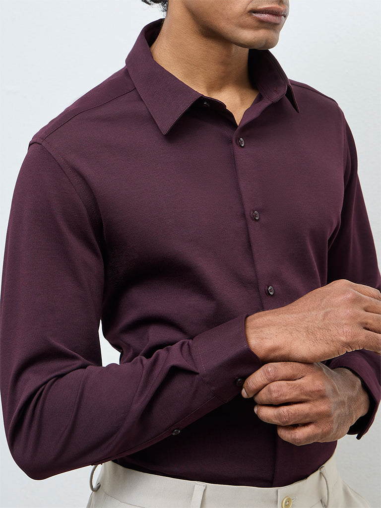 WES Formals Dark Wine Slim-Fit Cotton-Blend Shirt