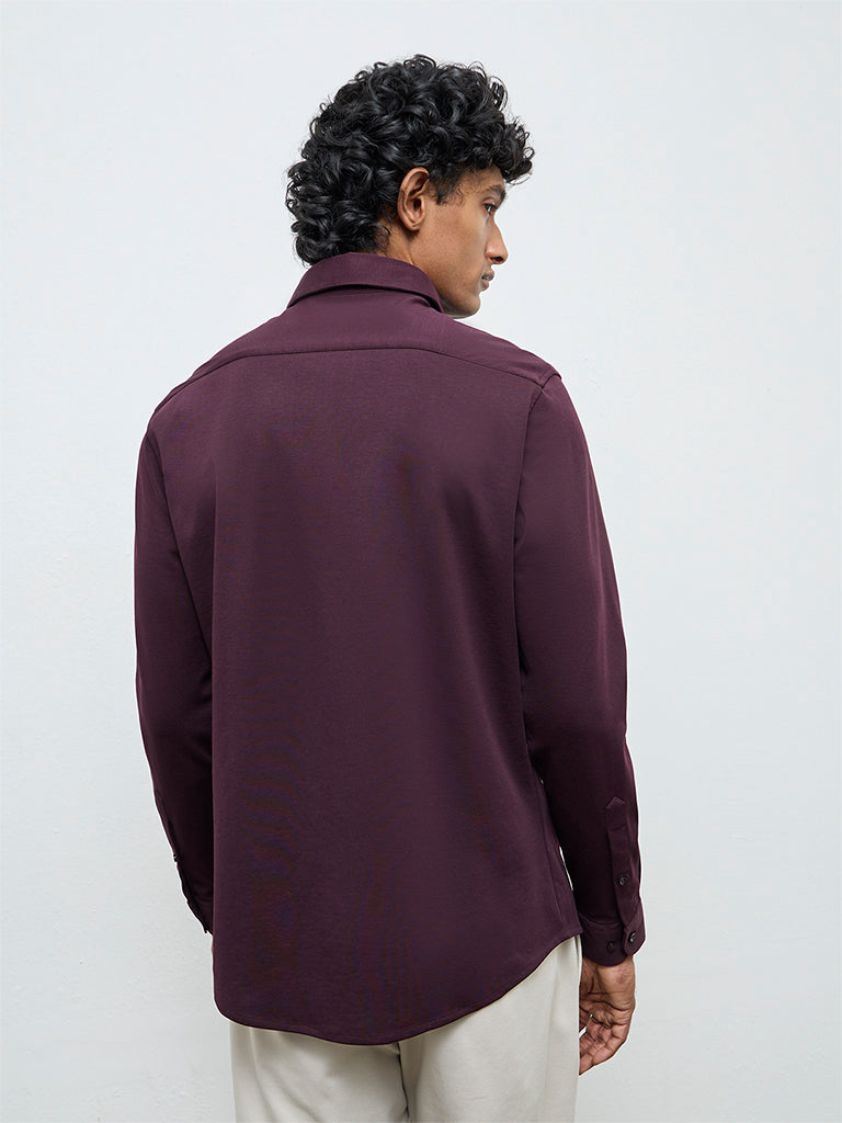 WES Formals Dark Wine Slim-Fit Cotton-Blend Shirt