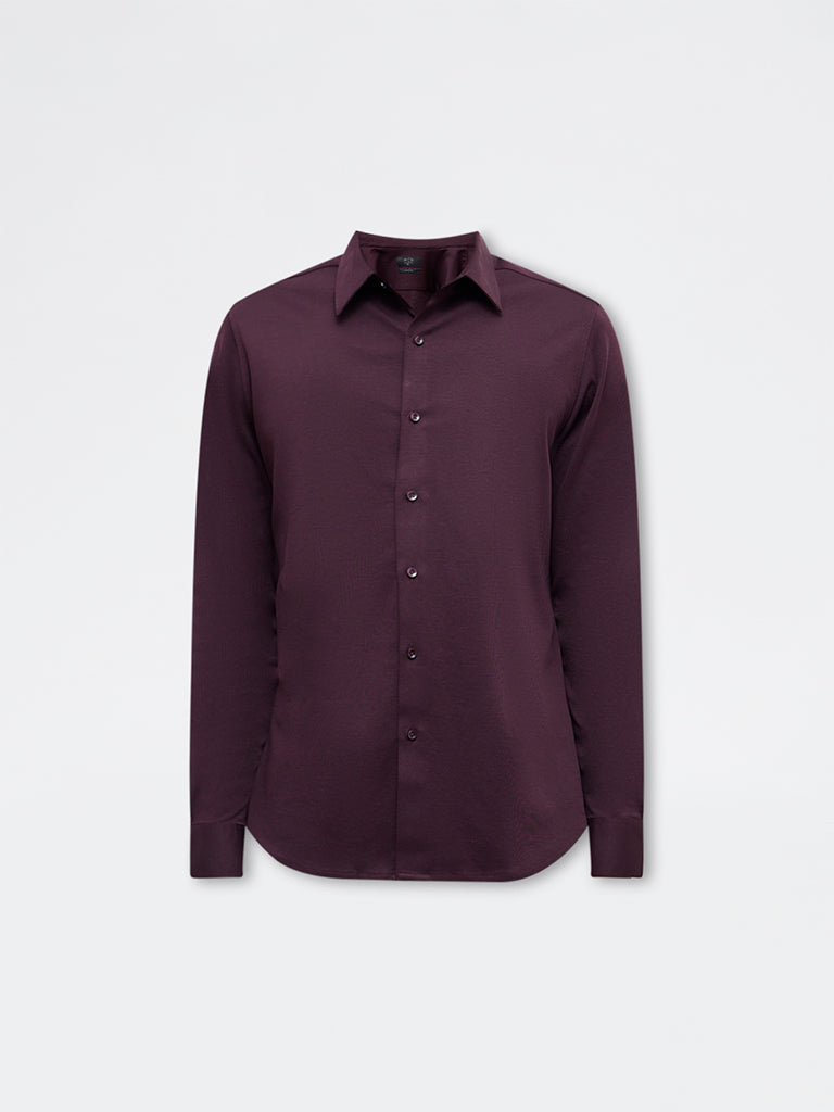 WES Formals Dark Wine Slim-Fit Cotton-Blend Shirt