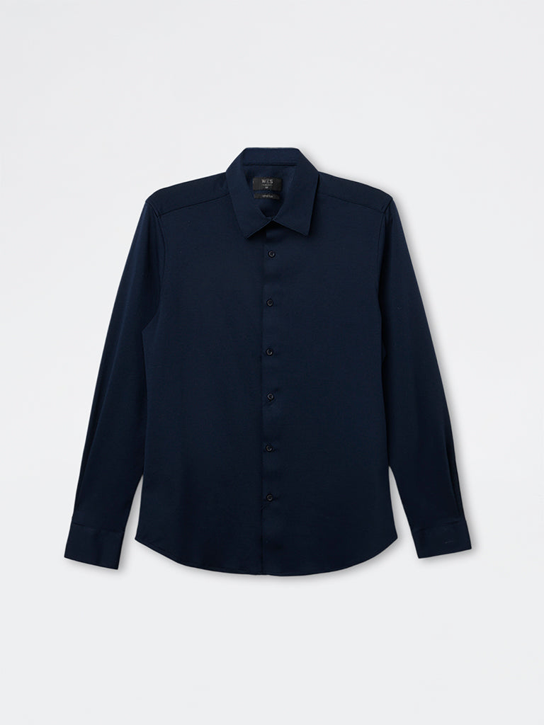 WES Formals Navy Solid Slim-Fit Cotton-Blend Shirt