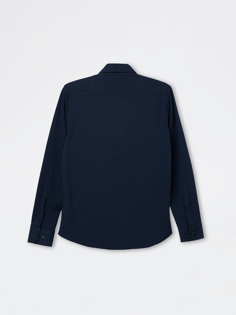 WES Formals Navy Solid Slim-Fit Cotton-Blend Shirt