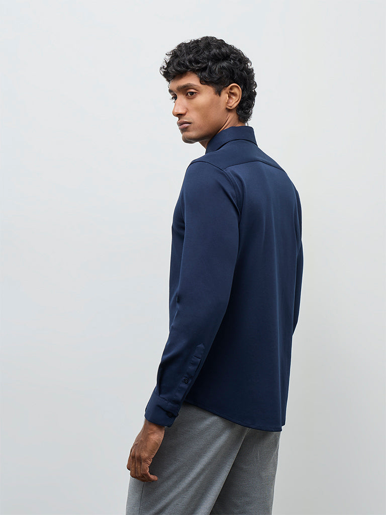 WES Formals Navy Solid Slim-Fit Cotton-Blend Shirt