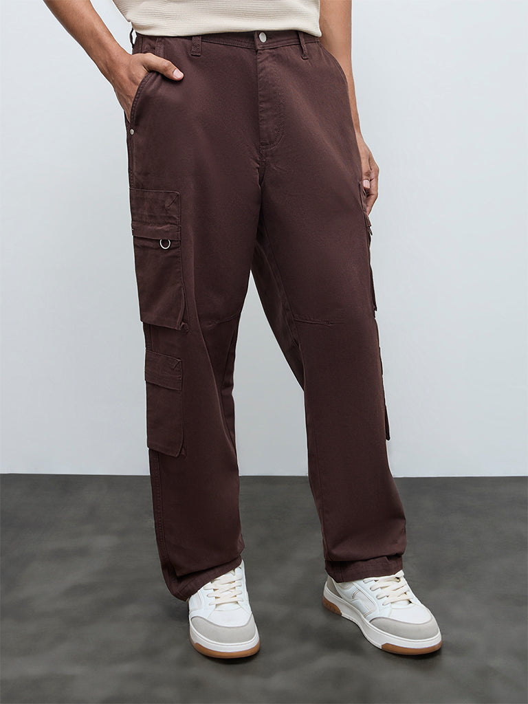 Nuon Brown Relaxed-Fit Mid-Rise Cotton Cargo Pants