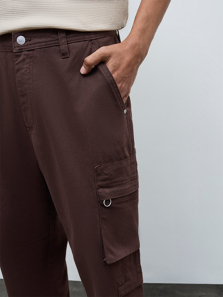 Nuon Brown Relaxed-Fit Mid-Rise Cotton Cargo Pants