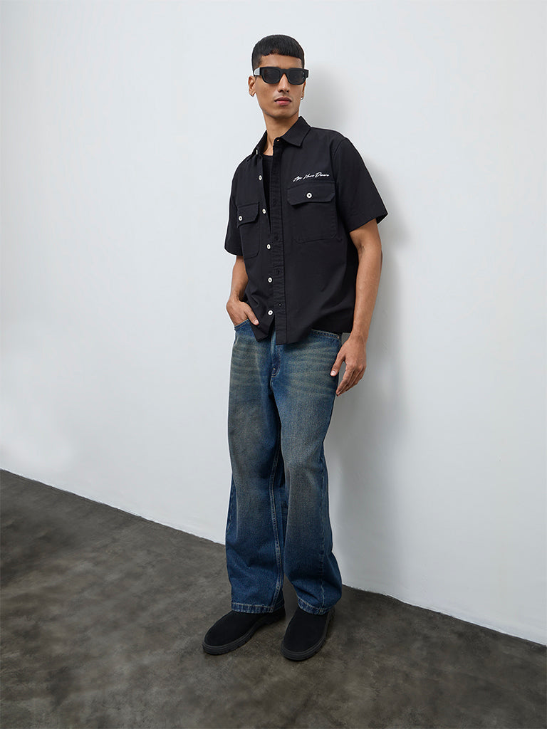 Nuon Black Solid Relaxed-Fit Cotton Shirt