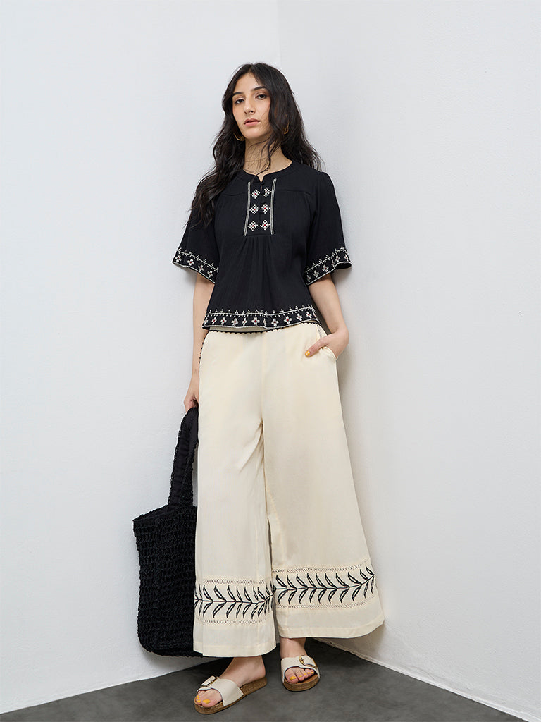 Bombay Paisley Off-White Printed High-Rise Cotton-Blended Palazzos