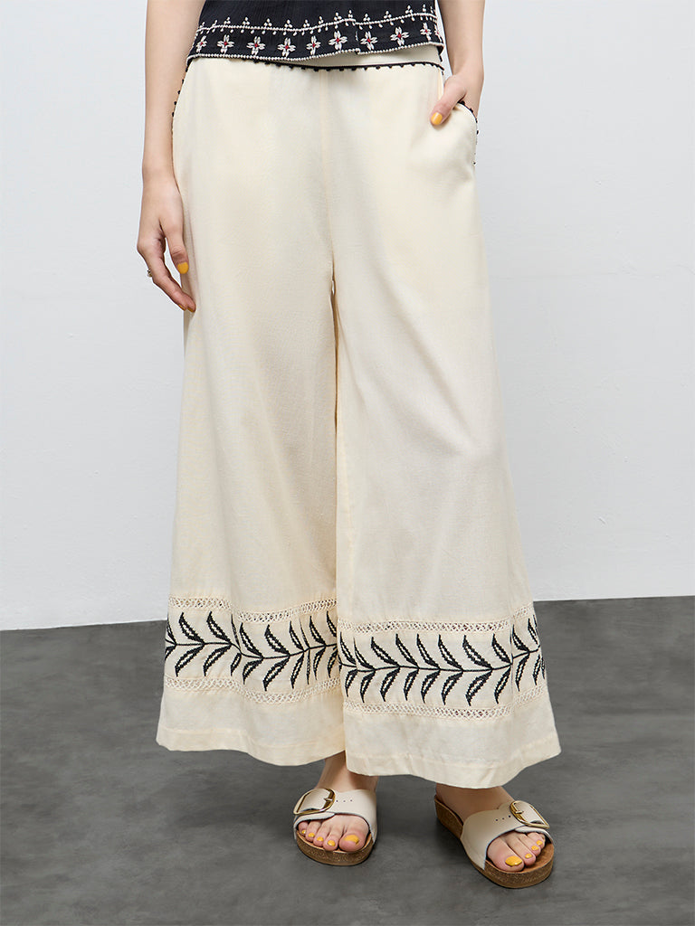 Bombay Paisley Off-White Printed High-Rise Cotton-Blended Palazzos