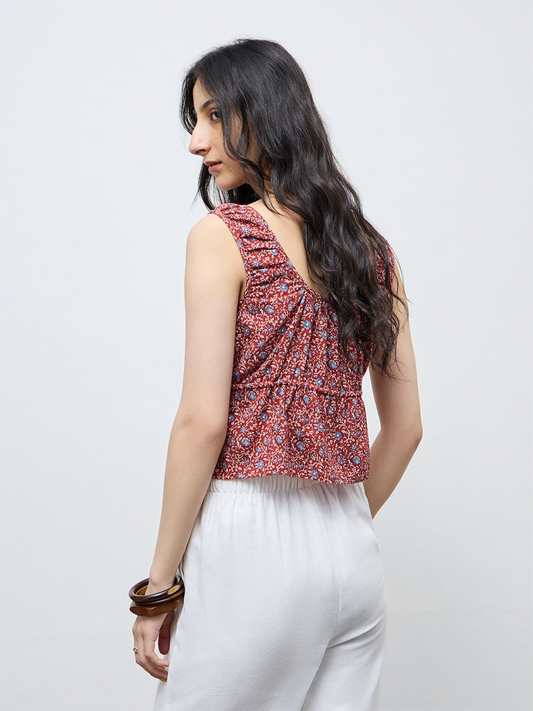 Bombay Paisley Red Floral Pattern Tie-Up Cotton Top