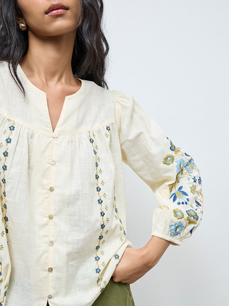 Bombay Paisley Cream Floral Embroidered Cotton Blouse