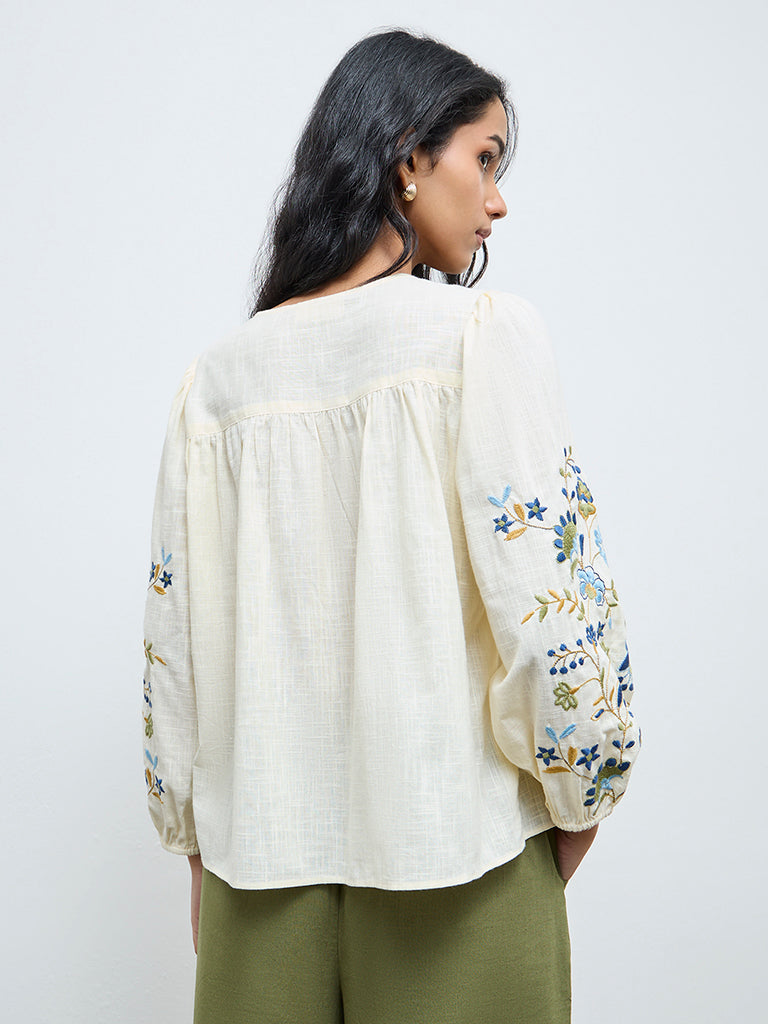 Bombay Paisley Cream Floral Embroidered Cotton Blouse