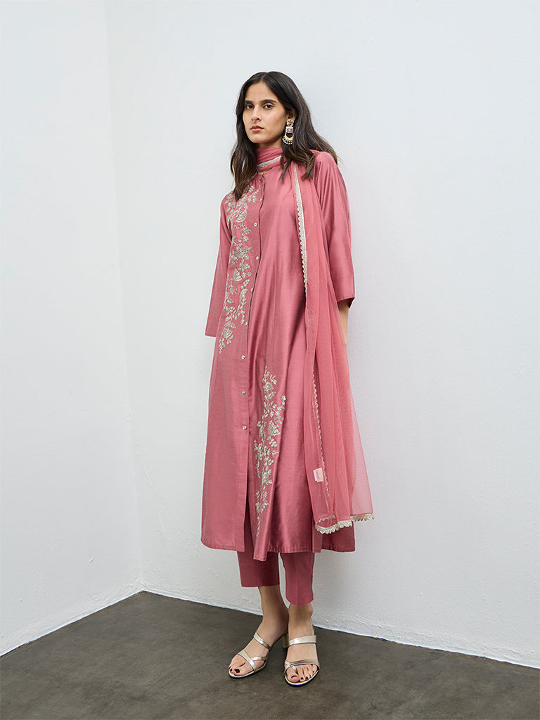 Vark Pink Floral Embroidered A-Line Ethnic Set