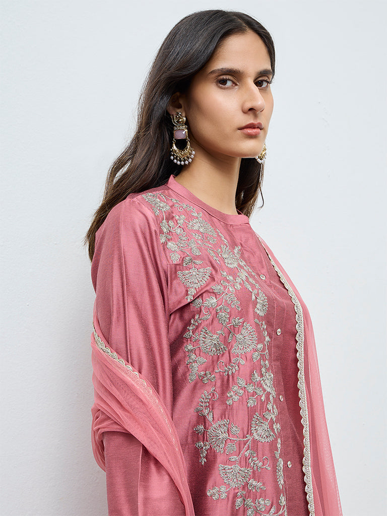 Vark Pink Floral Embroidered A-Line Ethnic Set