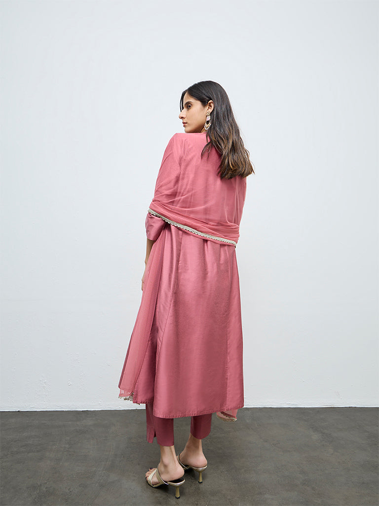Vark Pink Floral Embroidered A-Line Ethnic Set