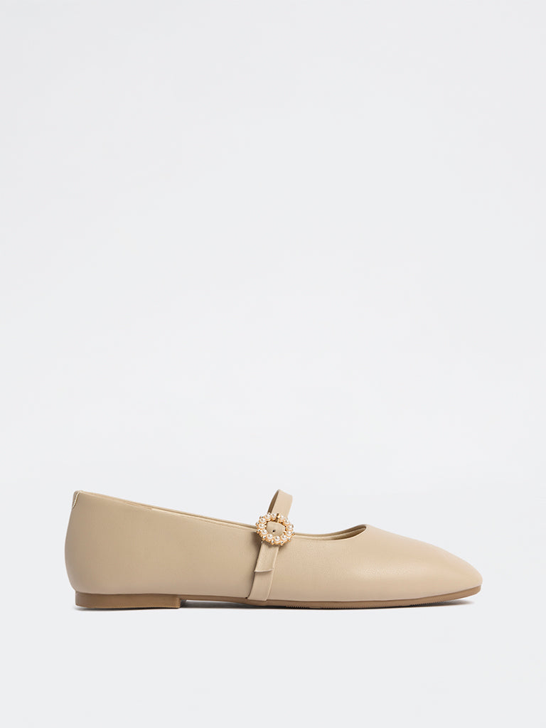 LUNA BLU Beige Pearl Embellished Mary Jane Shoes
