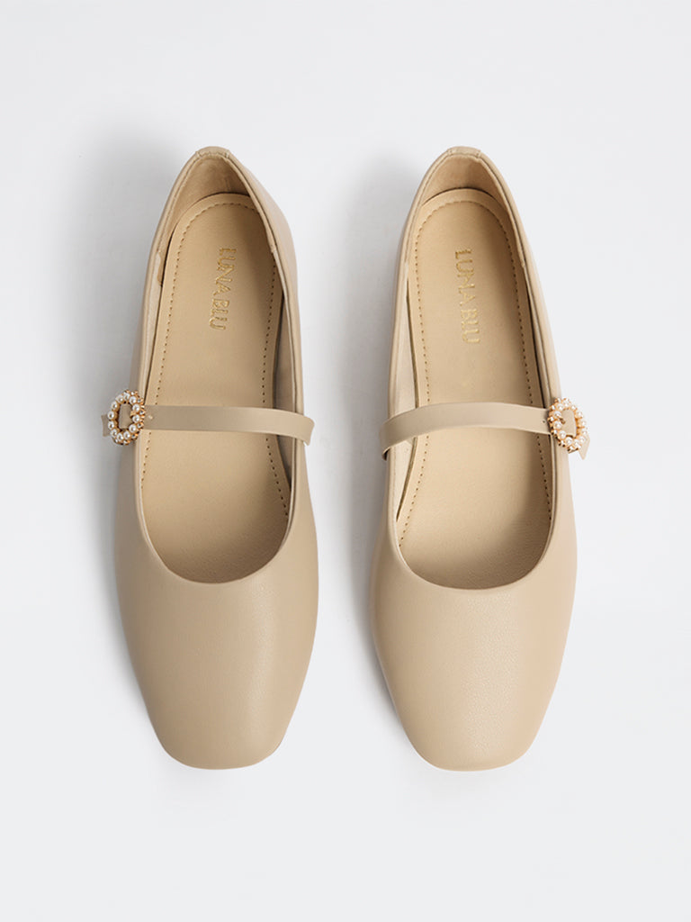 LUNA BLU Beige Pearl Embellished Mary Jane Shoes