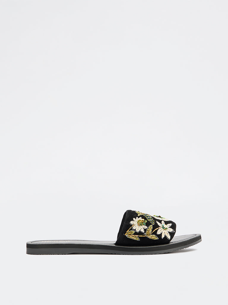 LUNA BLU Black Floral Embellished Slides