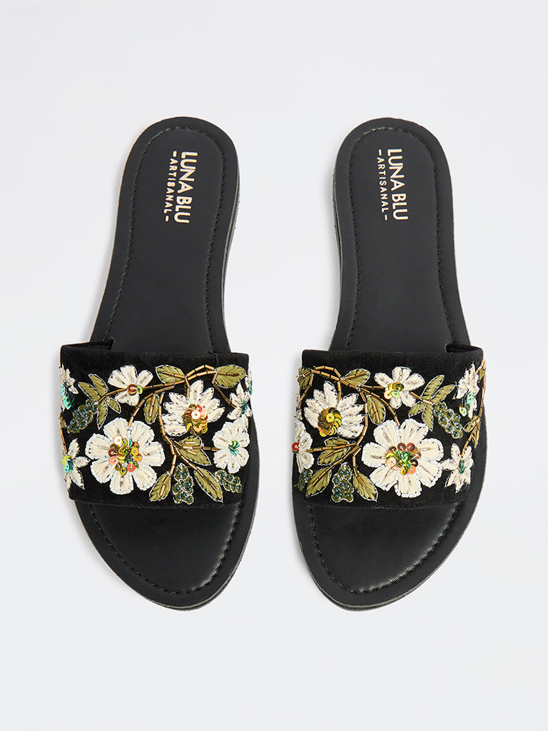 LUNA BLU Black Floral Embellished Slides