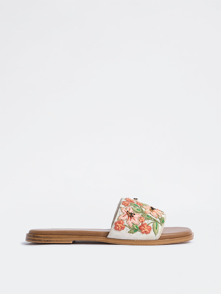 LUNA BLU Orange Floral Embroidered Slides