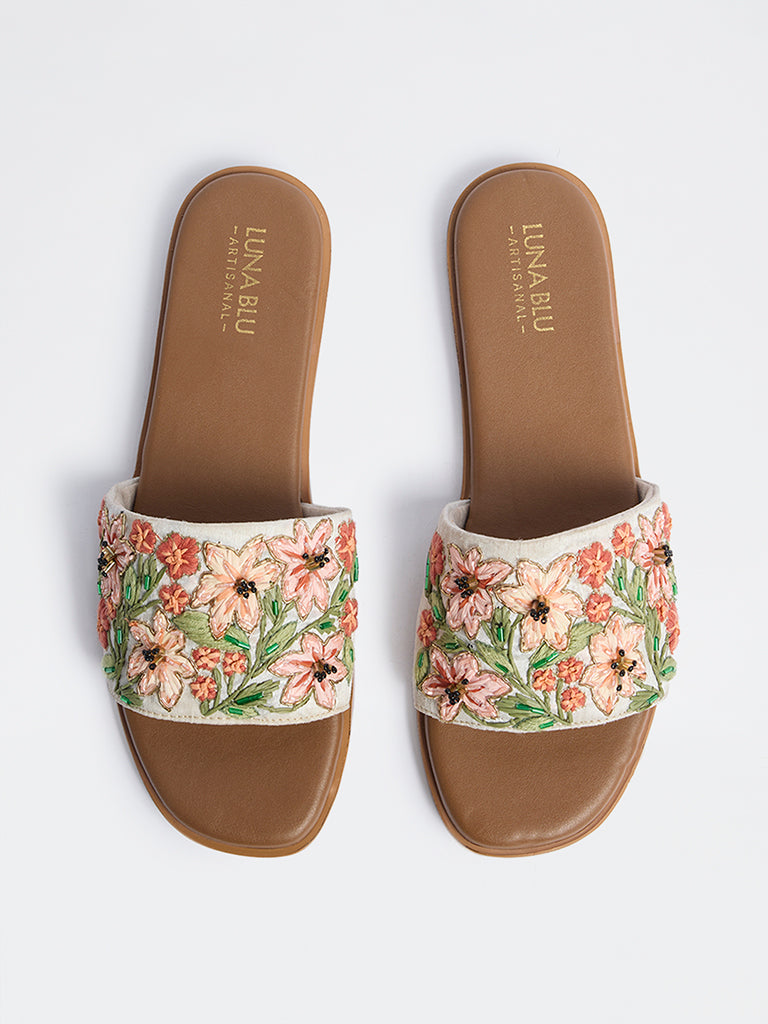 LUNA BLU Orange Floral Embroidered Slides