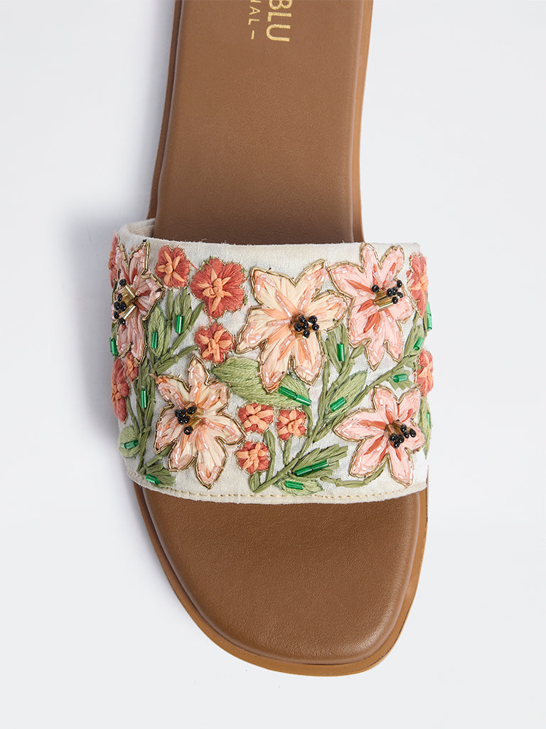 LUNA BLU Orange Floral Embroidered Slides