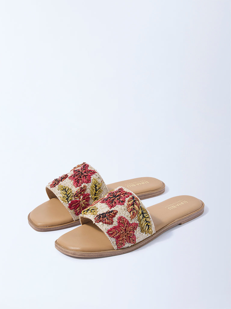 LUNA BLU Beige Embroidered Slides
