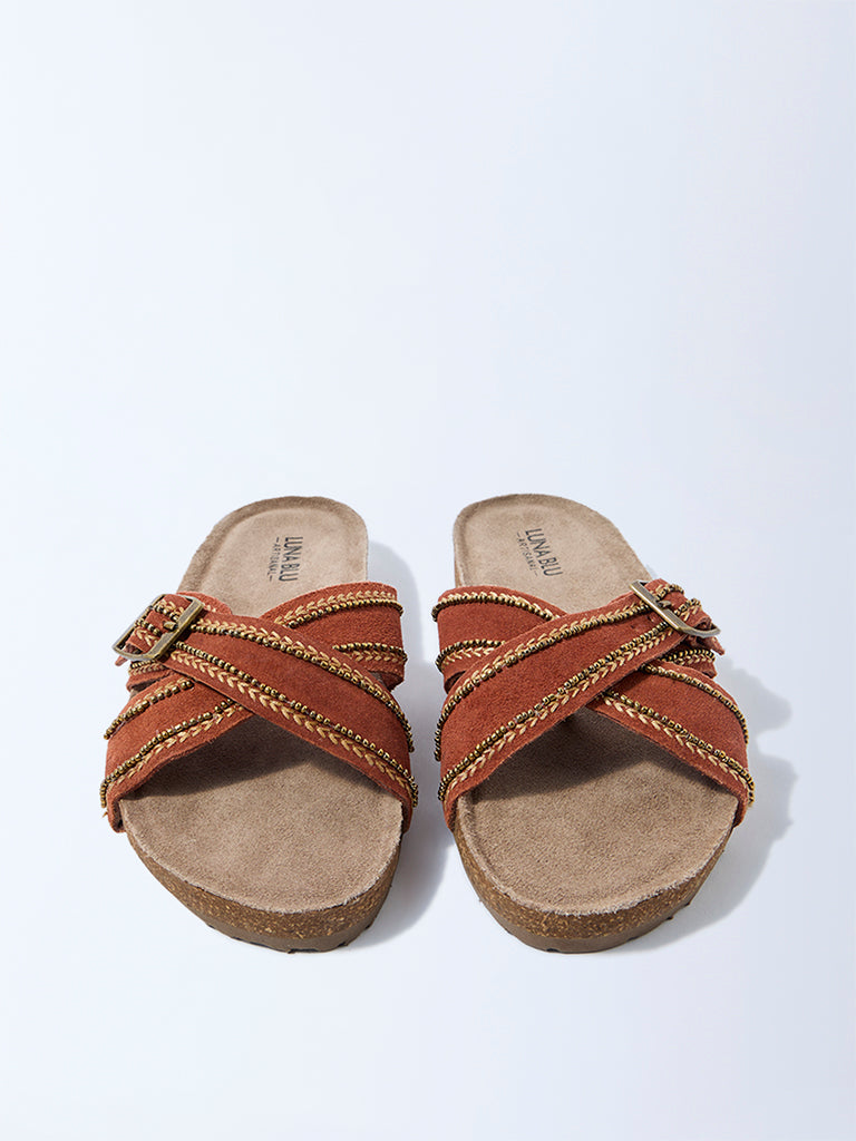 LUNA BLU Rust Criss-Cross Suede Leather Sandals