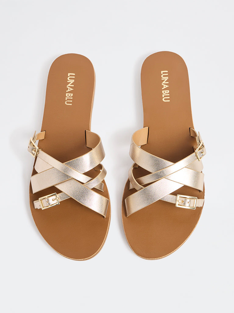 LUNA BLU Gold Multi-Strap Slides