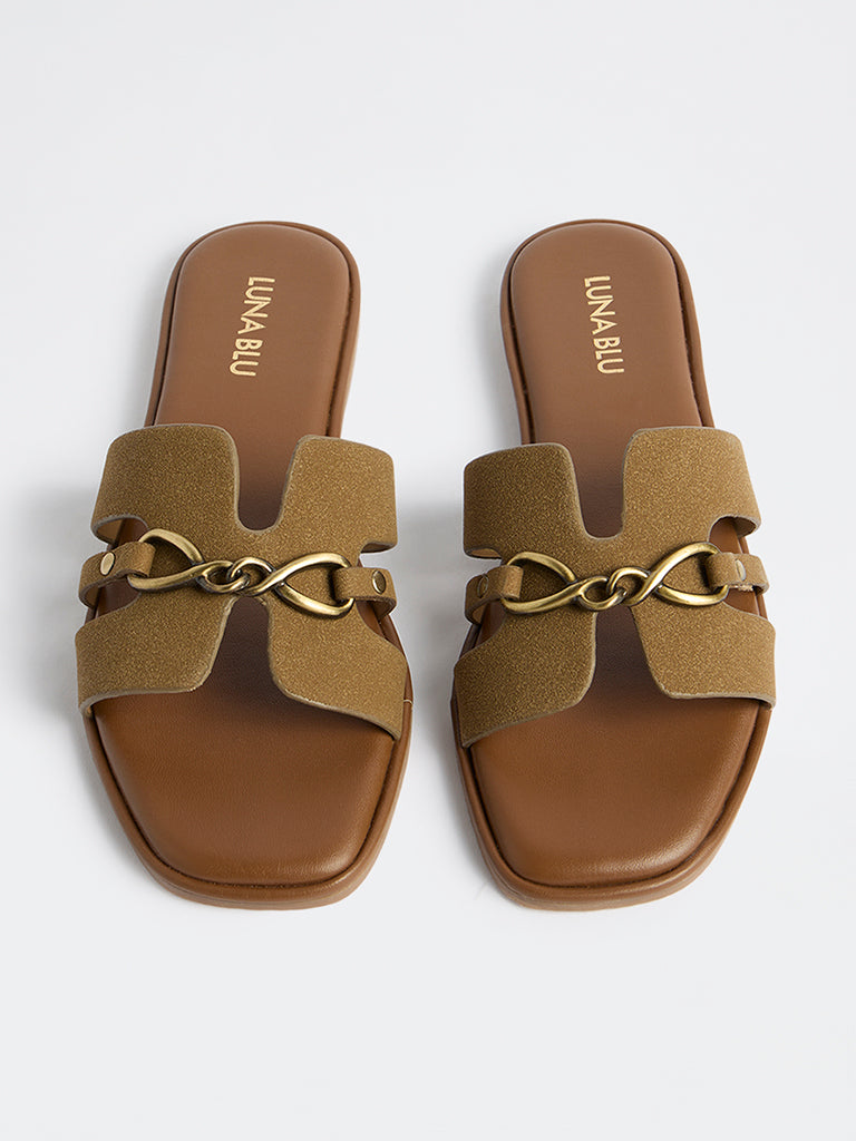 LUNA BLU Olive Buckle-Detailed Slides