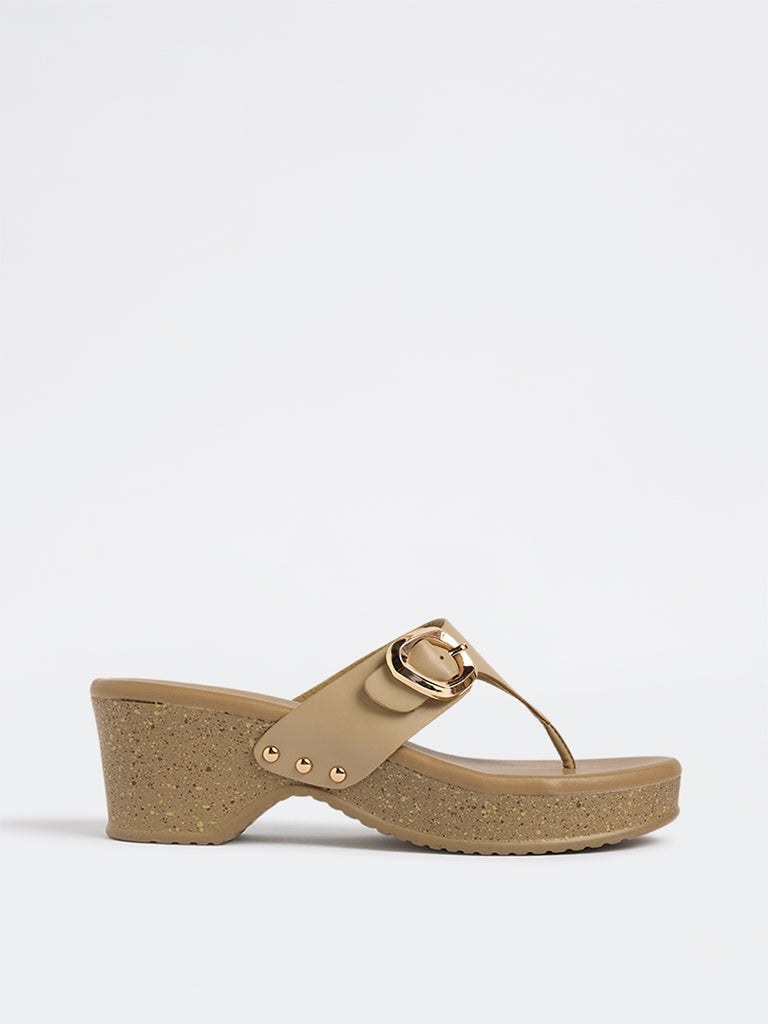 LUNA BLU Taupe Buckle-Detailed Thong Strap Sandals