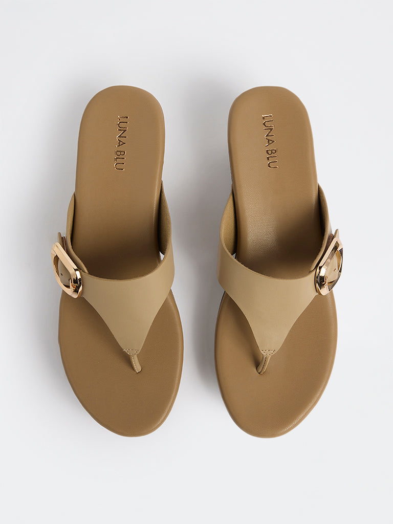 LUNA BLU Taupe Buckle-Detailed Thong Strap Sandals