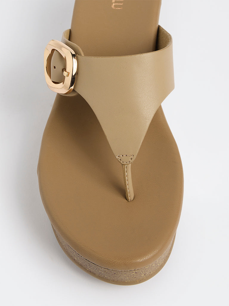 LUNA BLU Taupe Buckle-Detailed Thong Strap Sandals