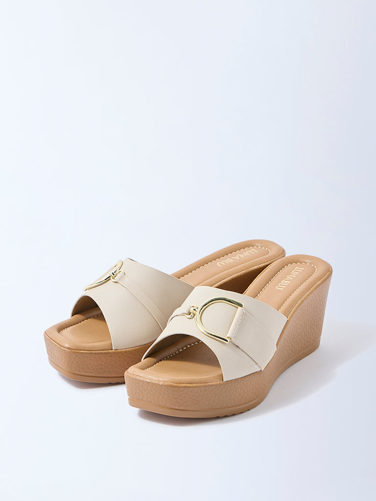 LUNA BLU Ivory Buckle-Detail Wedge-Heel Sandals