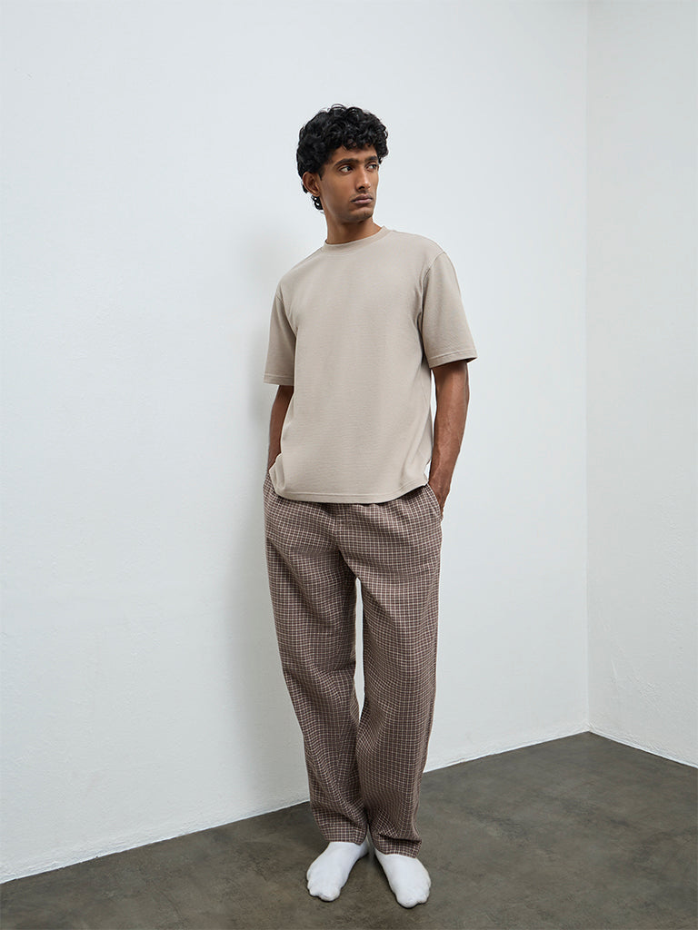 WES Lounge Brown Relaxed-Fit Mid-Rise Cotton Pyjamas