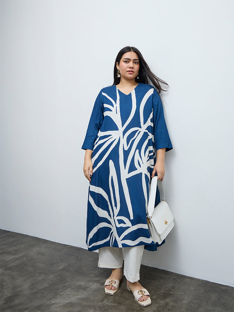 Diza Blue Abstract Printed A-Line Kurta
