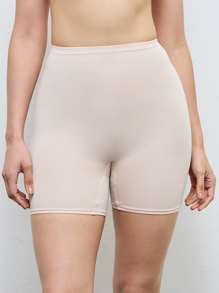 Wunderlove Beige Cotton-Blend High-Rise Cycling Shorts