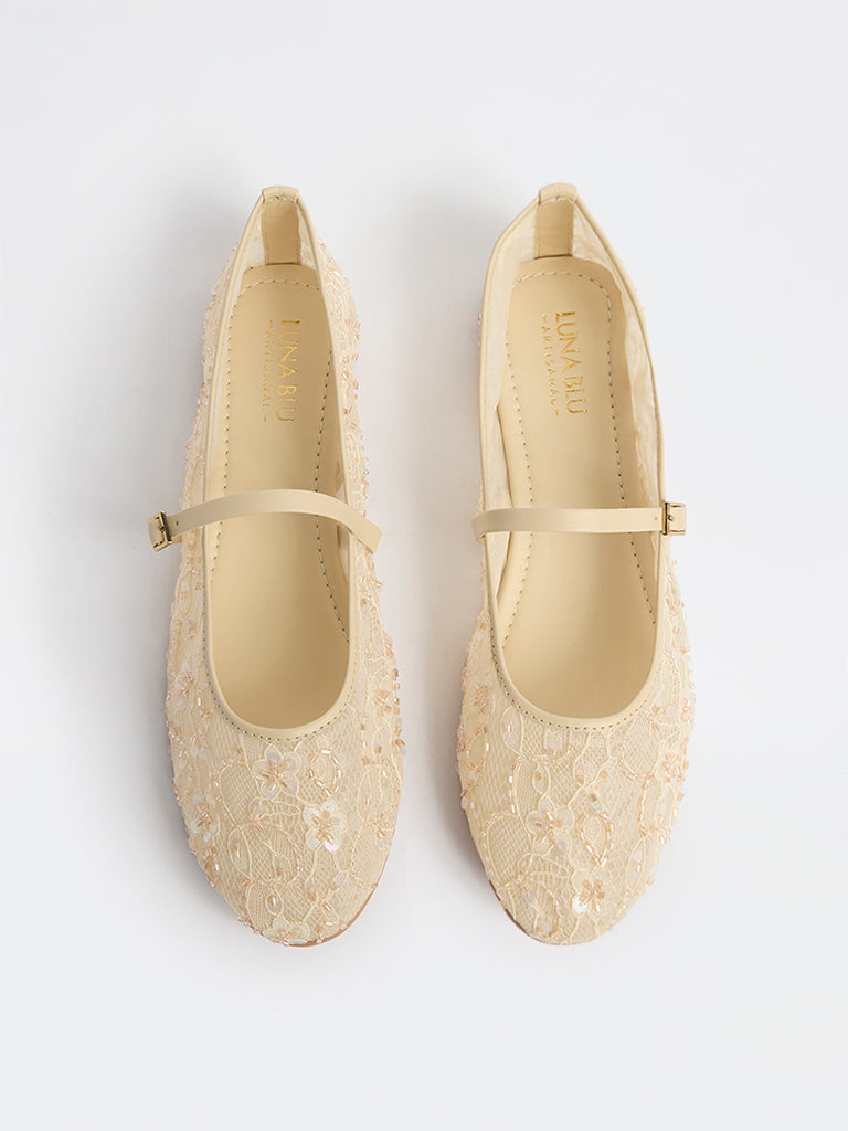 LUNA BLU Ivory Floral Embellished Mary Jane Shoes
