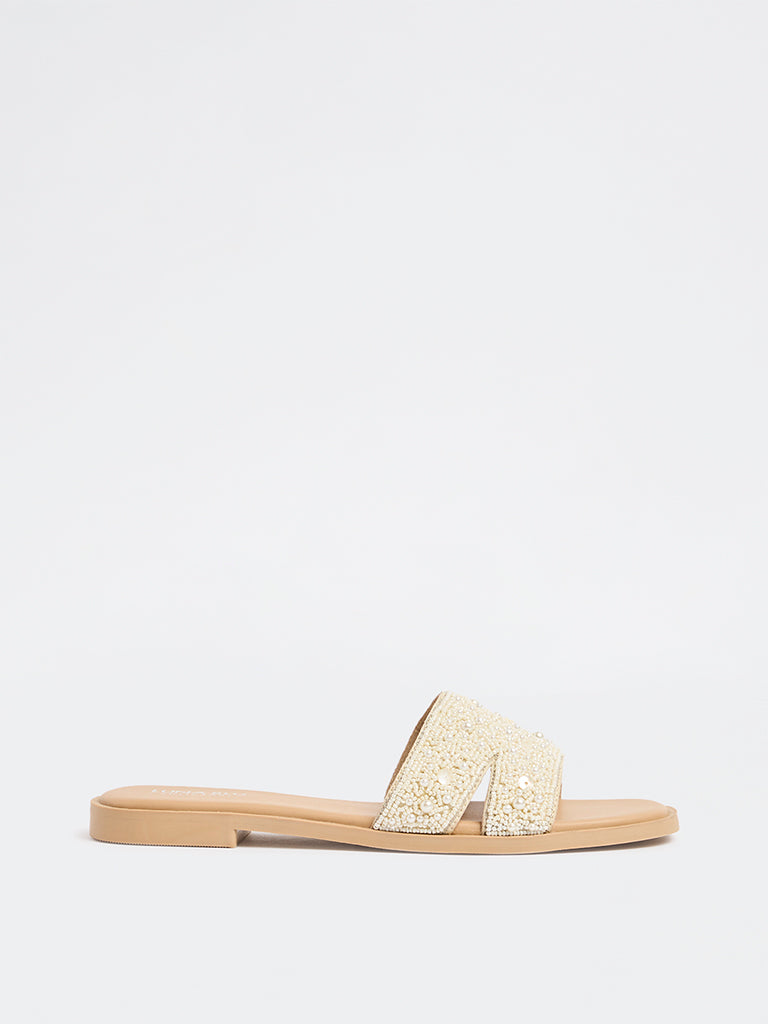 LUNA BLU Ivory Embellished Slides