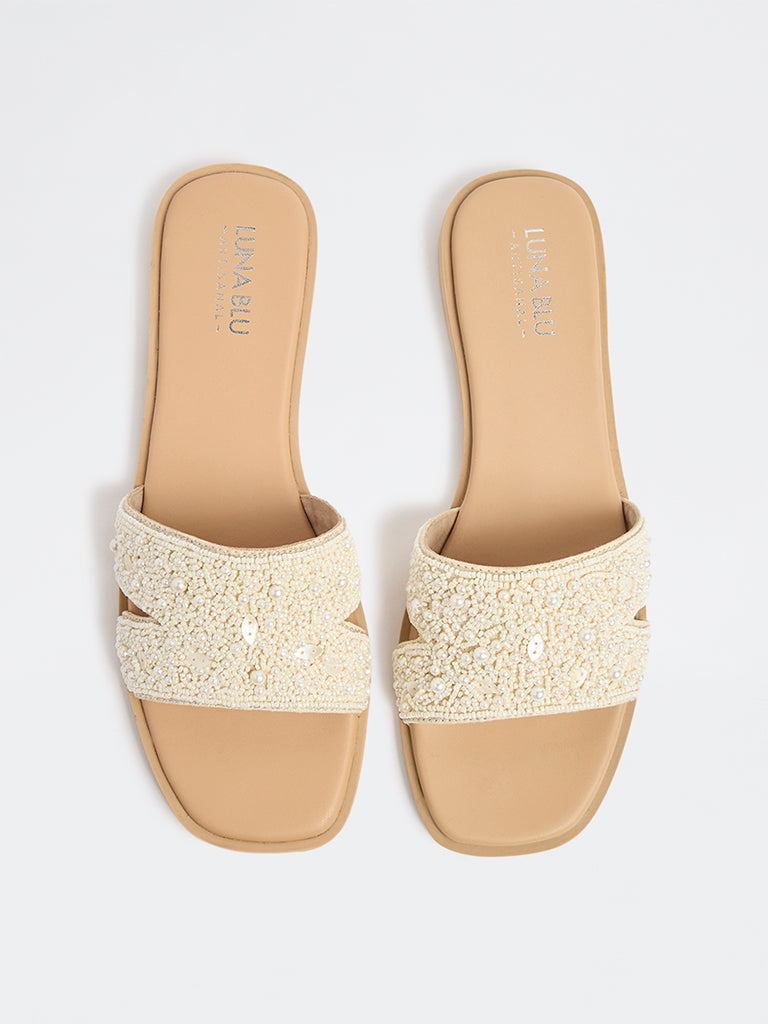 LUNA BLU Ivory Embellished Slides