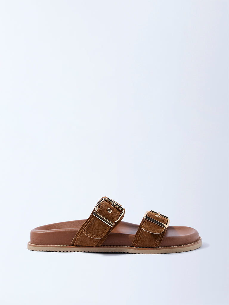 LUNA BLU Tan Buckled Slip-On Suede Comfort Sandals