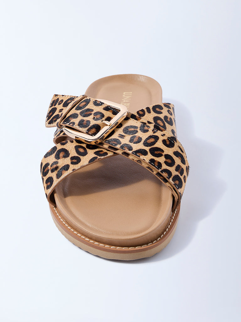 LUNA BLU Beige Animal Printed Criss-Cross Comfort Sandals