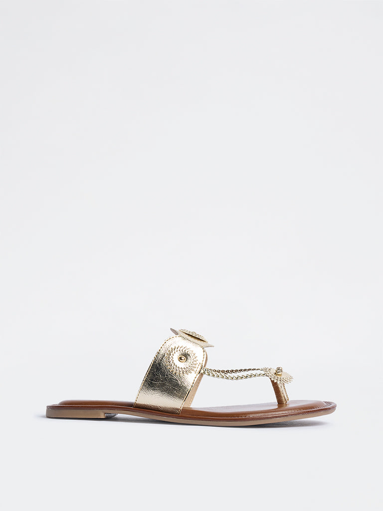 LUNA BLU Gold Braided Kolhapuri Sandals