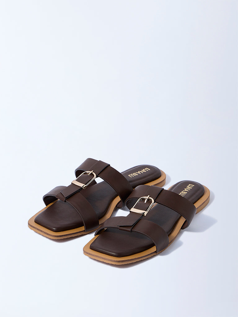 LUNA BLU Dark Brown Buckle-Detailed Slides