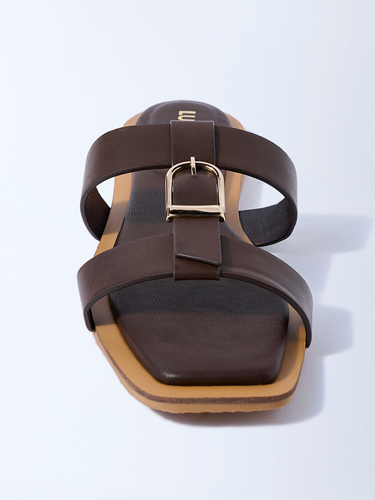 LUNA BLU Dark Brown Buckle-Detailed Slides