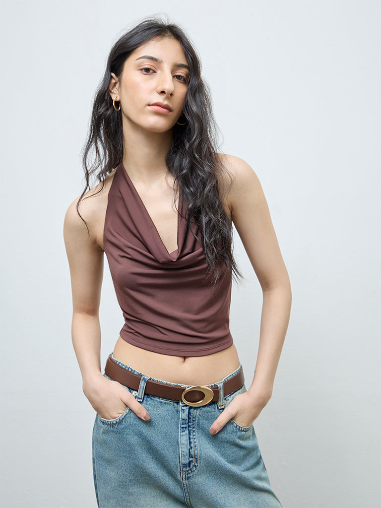 Nuon Brown Solid Cowl-Neck Top