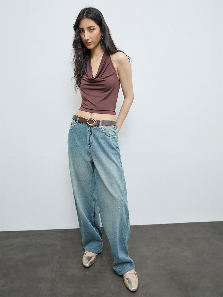 Nuon Brown Solid Cowl-Neck Top